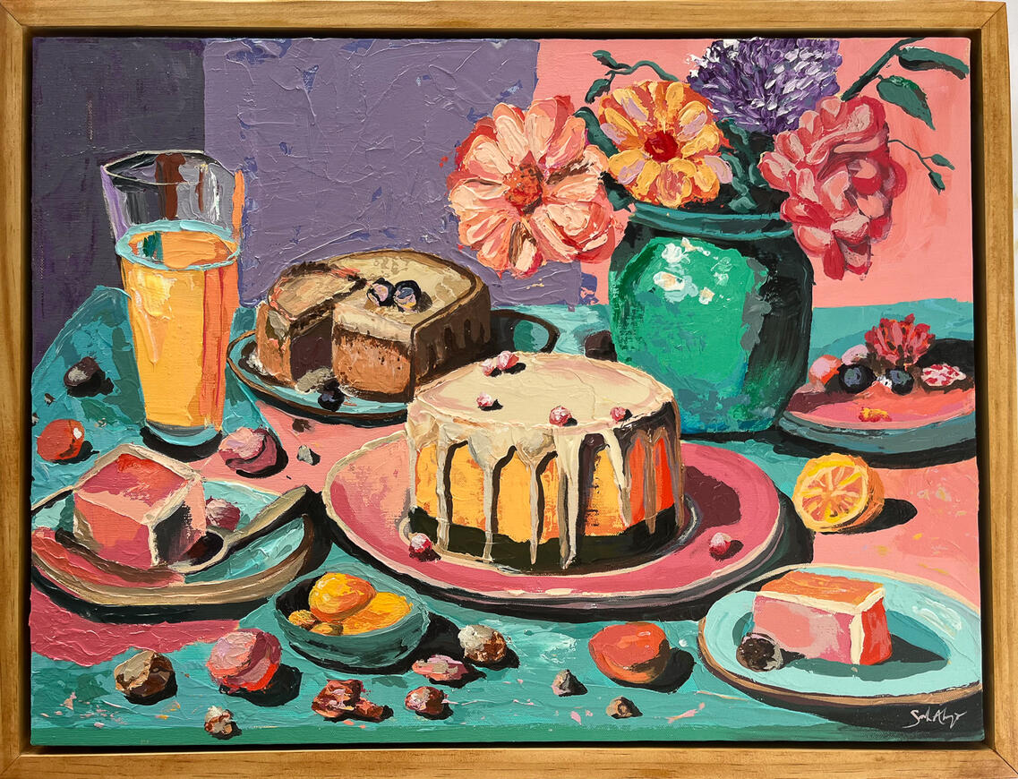 Sarah Alonzo Artist - Acrylic Painting Coloful cake still life, vibrant colors, flowers, food, deserts