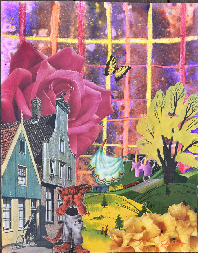 Sarah Alonzo Artist - Acrylic Painting Mixed Media collage, abstract background, roses, trees, house, childrens story book, illustration
