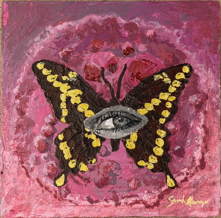 Sarah Alonzo Artist - Acrylic Painting vibrant Butterfly painting with black and white eye painted in the middle