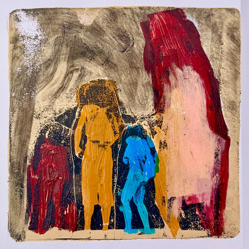 Sarah Alonzo Artist - Gellie Print Abstract printmaking, human figures, dancers, primary colors