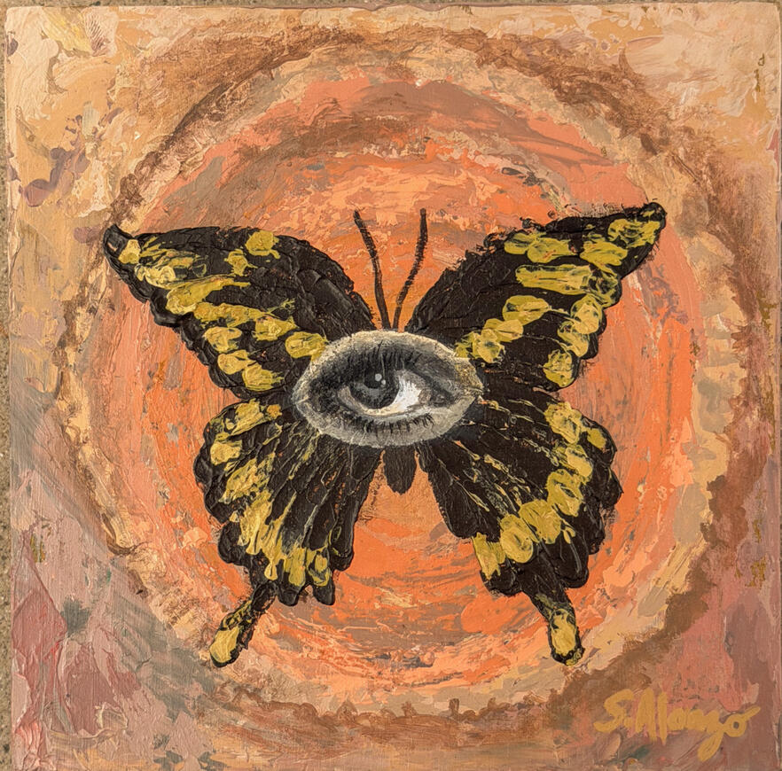 Sarah Alonzo Artist - Acrylic Painting vibrant Butterfly painting with black and white eye painted in the middle