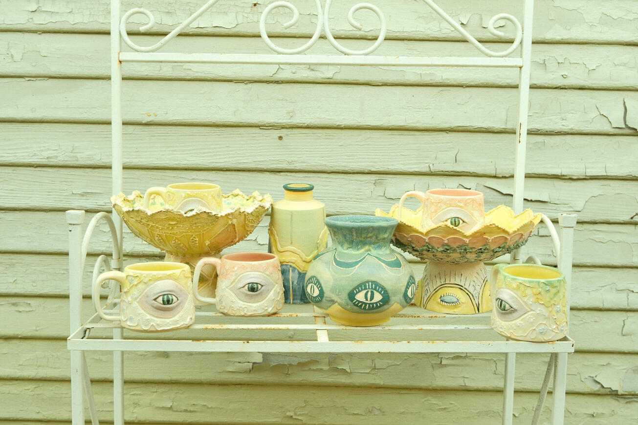 Sarah Alonzo Artist - Ceramics Handmade wheel thrown pottery, pastel colors, eyeballs.