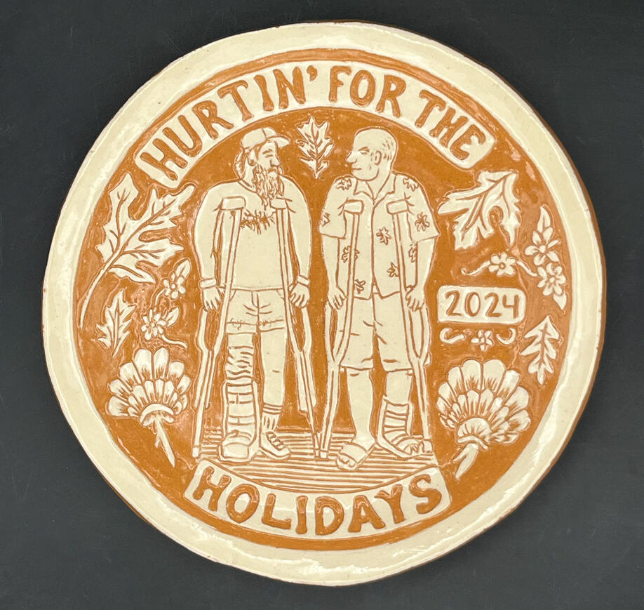 Sarah Alonzo Artist - Ceramics Red and white sgraffito thanksgiving plate, two men, hurtin for the holidays