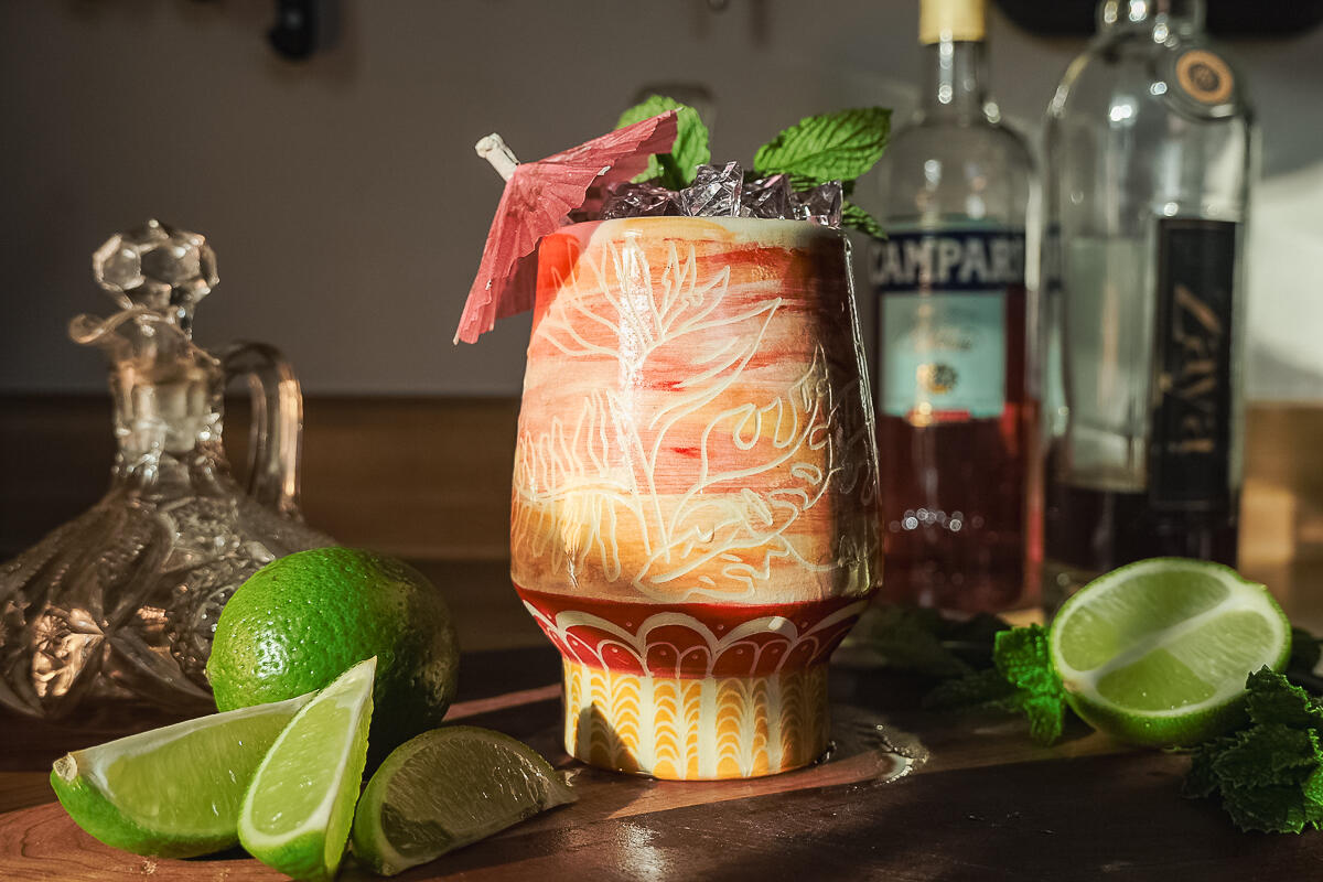 Sarah Alonzo Artist - Ceramics Wheel thrown ceramic mug, sgraffito, floral pattern, tiki drink, cocktail, mug