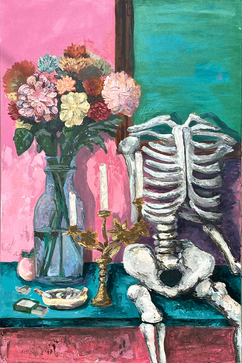 Sarah Alonzo - Artist Acrylic painted still life with skeleton, vibrant flowers in a vase, candelabra. Gothic.